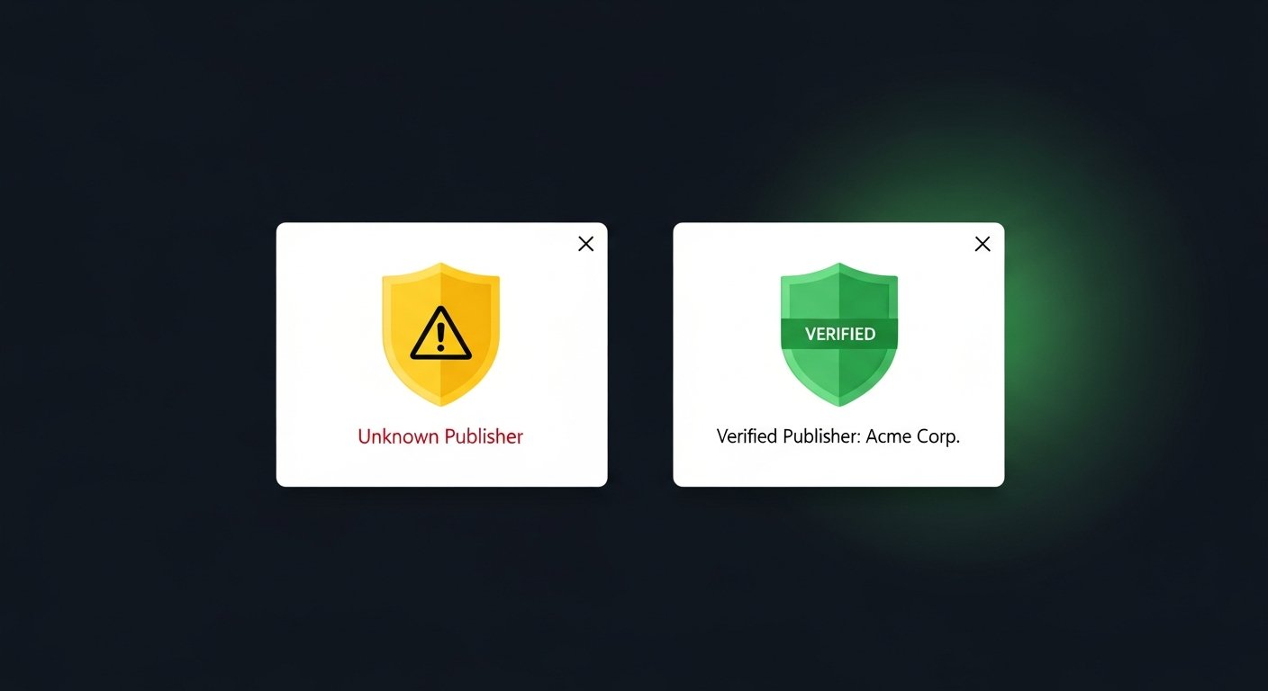 Two software install screens side by side: one showing a warning, the other a verified publisher name.
