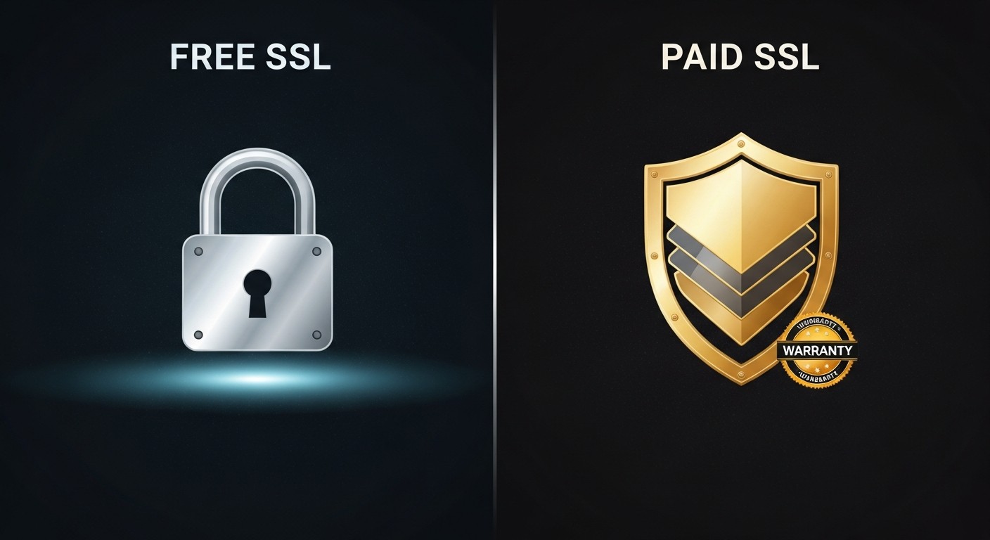 Free SSL versus paid SSL comparison — two browser screens, one showing a basic padlock and one showing a verified identity badge.