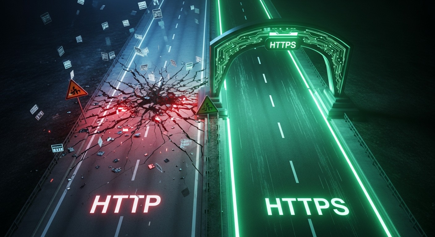 Two browser address bars side by side: one locked HTTPS, one HTTP marked 'Not Secure'.