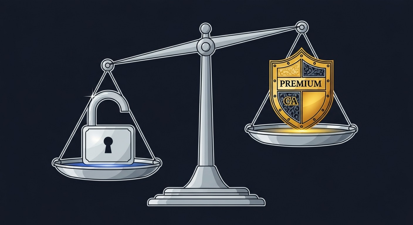 Two padlocks on the pans of a scale, representing free and paid SSL.